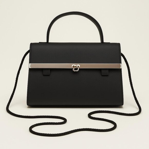 La Regale Handbags - Vintage Black Structured Handbag with Silver-Tone Bar Accent & Strap